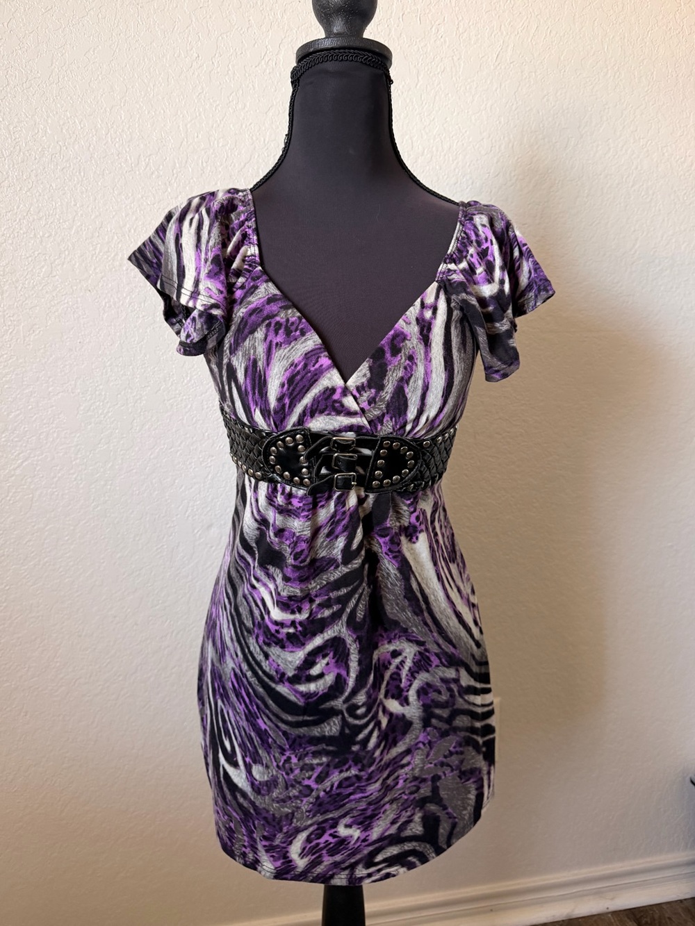 Y2K Rue21 S Purple Black Animal Print Mini Dress w/ Studded Double Buckle Belt